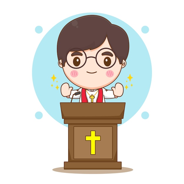 Cute priest preaching and blessing chibi cartoon character illustration