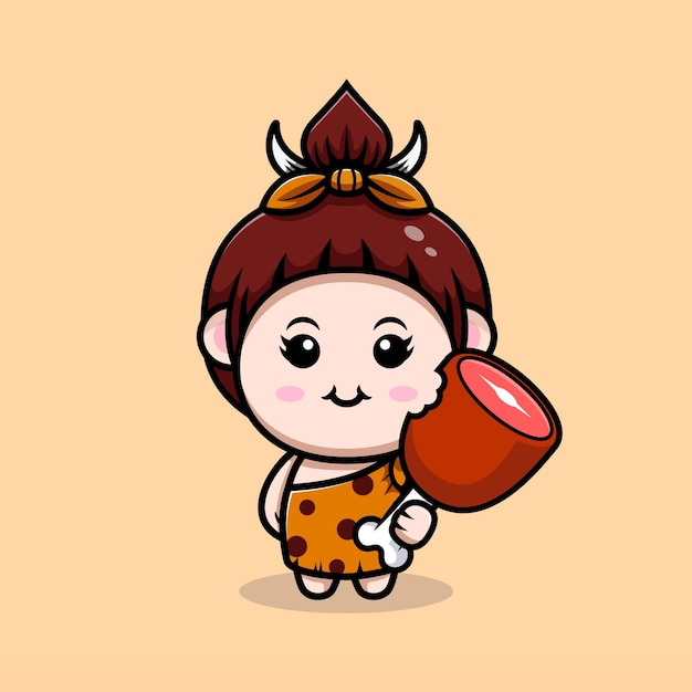 Cute primitive cavegirl eating meat icon illustration