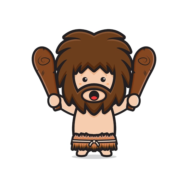 Cute primitive caveman holding cudgel cartoon icon clipart illustration