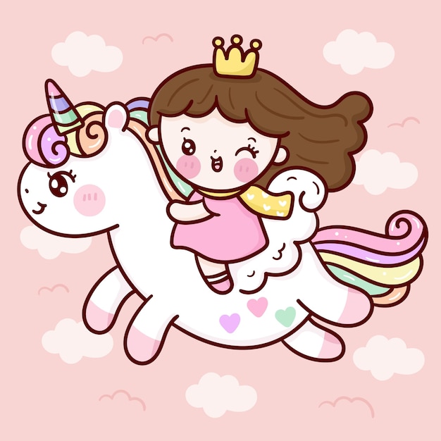 Cute princess cartoon ride unicorn pegasus on sky