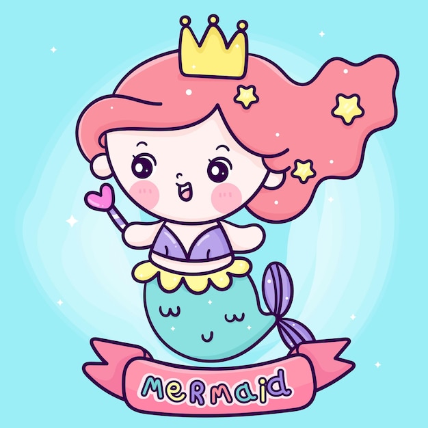 Cute princess mermaid logo holding magic wand kawaii animal