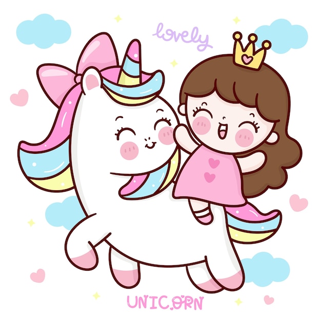 Cute Princess ride unicorn cartoon with sweet cloud kawaii animal