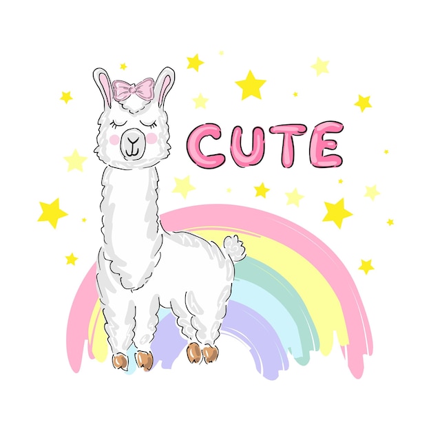 Cute print llama alpaca with rainbow and lettering Vector illustration