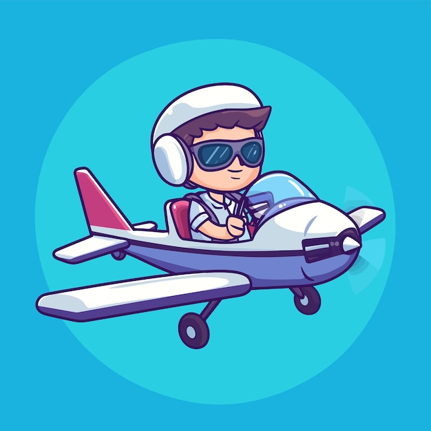 Vector cute private pilot piloting small plane cartoon vector