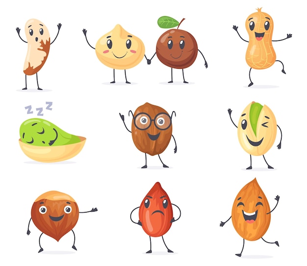 Cute protein nuts Happy nut cartoon character bean funny peanut seed mascot almond vegan food caractere pistachio emoji coconut face healthy nutrition neat vector illustration