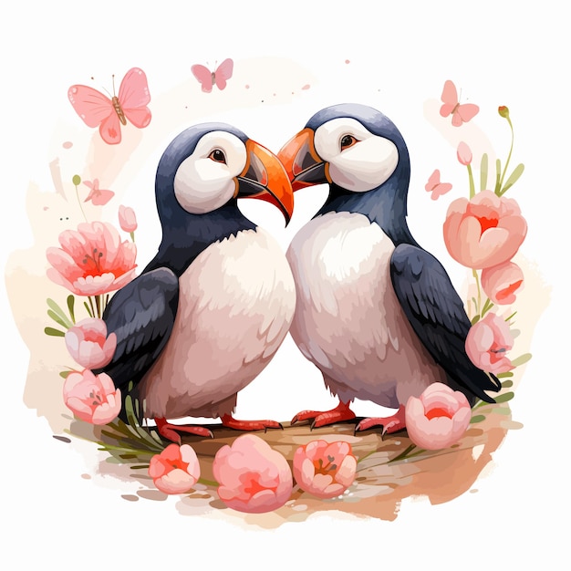 Cute Puffins couple in love vector illustration