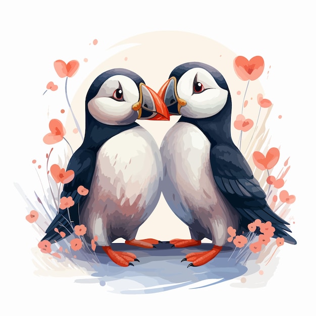 Cute Puffins couple in love vector illustration