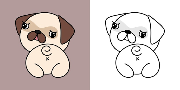 Cute Pug Clipart for Coloring Page and Illustration.  Happy Clip Art Pug Dog.