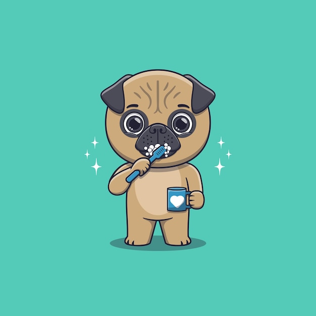 Cute pug dog brushing teeth while holding mug