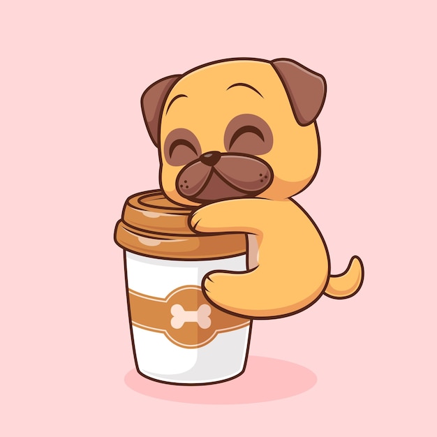 Cute Pug Dog Hug Coffee Cup Cartoon Vector Icon Illustration Animal Drink Icon Isolated Flat Vector