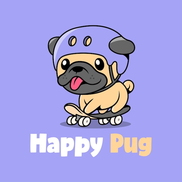 A CUTE PUG DOG IS WEARING A HELMET AND RIDING A SKATEBOARD PREMIUM CARTOON LOGO