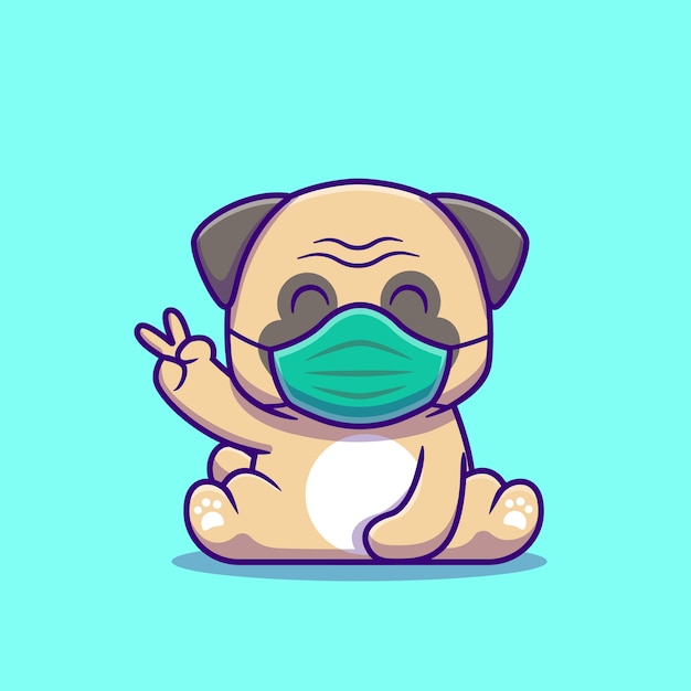 Cute Pug Dog Sitting And Wearing Mask Cartoon   Icon Illustration. Animal Healthy Icon Concept Isolated    . Flat Cartoon Style