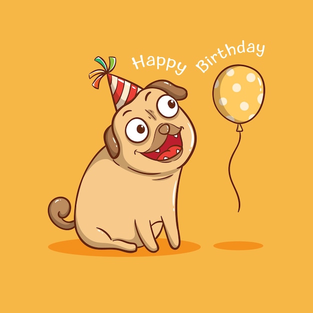 cute pug dog with birthday balloon. happy birthday greeting card