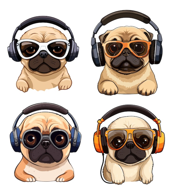 Cute pug dog with headphones and headphones Vector illustration