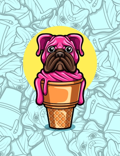 Vector cute pug dog with ice cream illustration