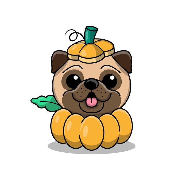 THE CUTE PUG IS WEARING A PUMPKIN COSTUME CARTOON ILLUSTRATION