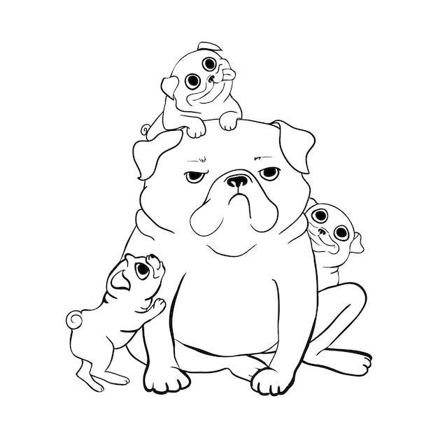 Cute pug. Portrait of dog in sketch style. Hand drawn vector illustration. Black and white monochrome animal illustration.