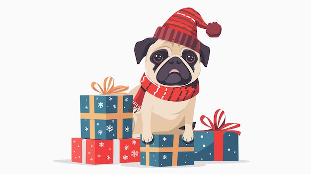 Cute Pug with Presents Merry Christmas Vector Greeting Card