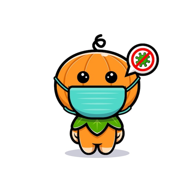 Cute pumpkin character wearing mask to prevention virus