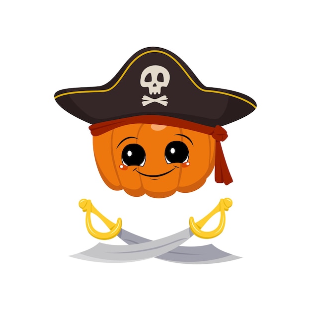 Cute pumpkin character with happy emotions face big eyes and wide smile in captain cocked hat and cr...