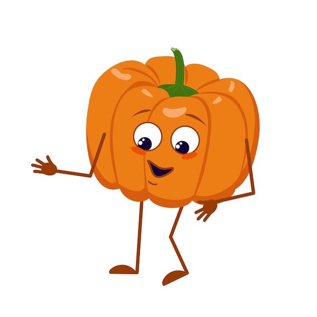 Cute pumpkin character with joy emotions, smiling face, happy eyes, arms and legs. Festive decoration for Halloween. A mischievous vegetable hero. Vector flat illustration