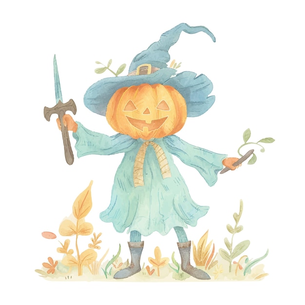 cute pumpkin head scarecrow holding dagger watercolour vector illustration 14