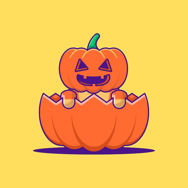 Cute Pumpkin Monster in Pumpkin Cartoon Illustration. Halloween Flat cartoon Style Concept