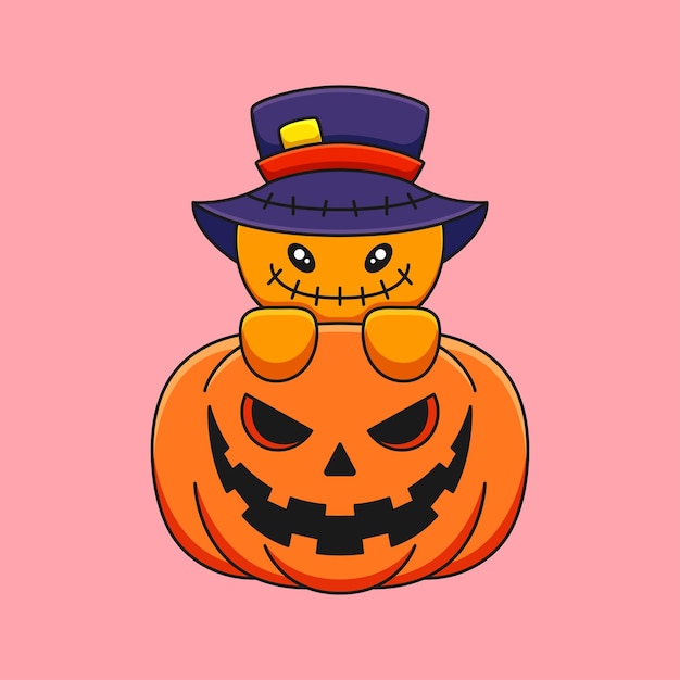 Cute pumpkin scarecrow halloween cartoon mascot doodle art hand drawn concept vector kawaii icon illustration