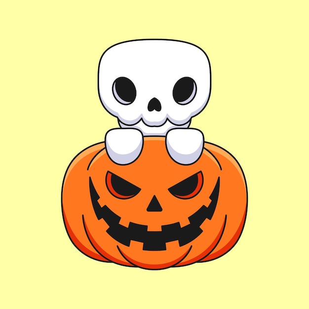 Cute pumpkin skull halloween cartoon mascot doodle art hand drawn concept vector kawaii icon illustration