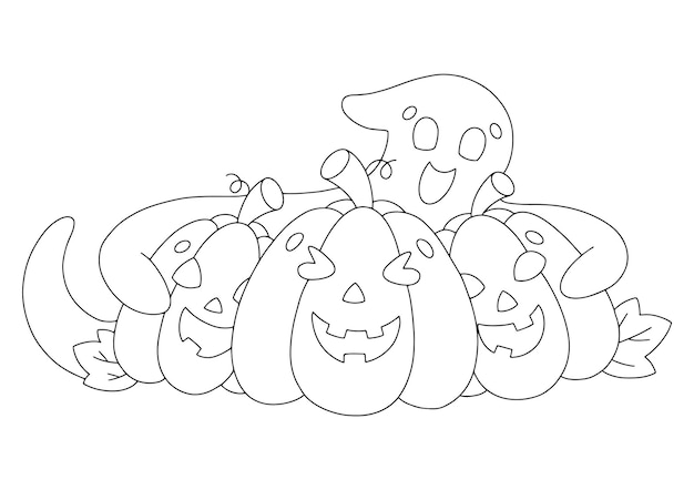 Cute pumpkins and a ghost Coloring book page for kids Cartoon style character Vector illustration isolated on white background Halloween theme