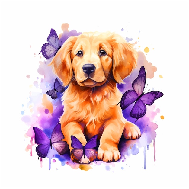 Cute puppy and buttefly watercolor paint