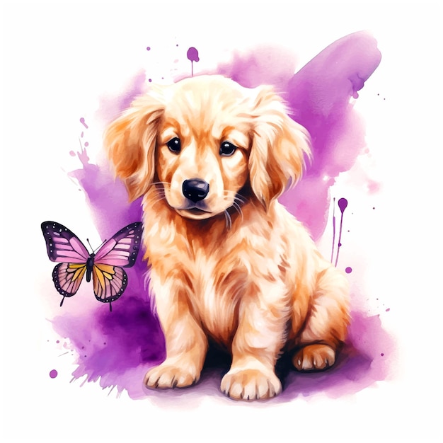 Cute puppy and buttefly watercolor paint