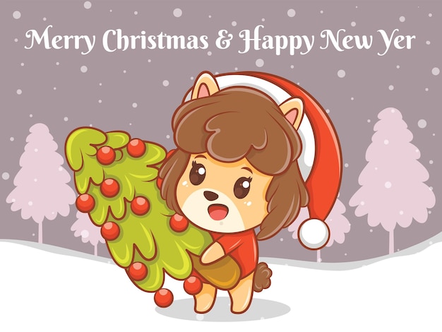 Cute puppy cartoon character with merry Christmas and happy new year greeting banner