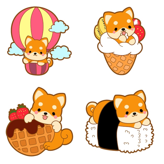 Cute puppy kawaii dog lovely animal vector icon Fluffy Shiba Inu pet stickers Happy doggy