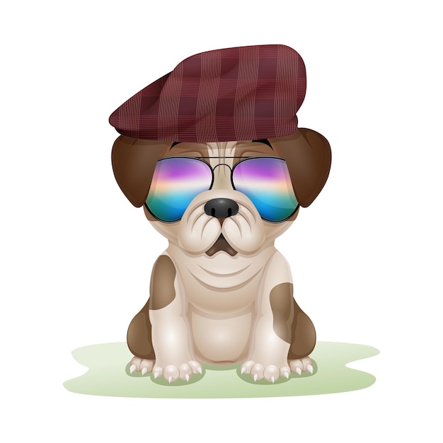 Cute puppy pug cartoon in hat and sunglasses