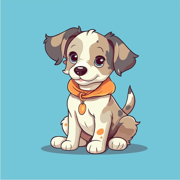 Cute puppy with an orange collar on a blue background.