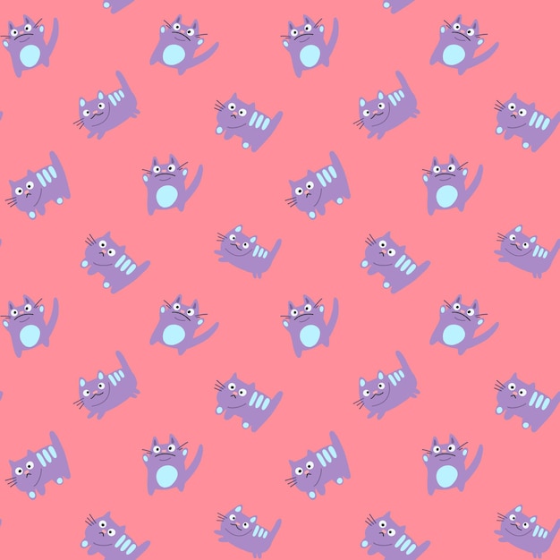 Cute purple Cartoon Cat Vector Seamless Pattern And Background for kids.