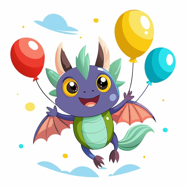 A cute purple dragon with green wings flying with three balloons