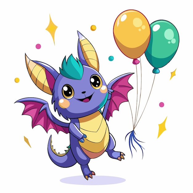 Cute purple dragon with yellow and green balloons