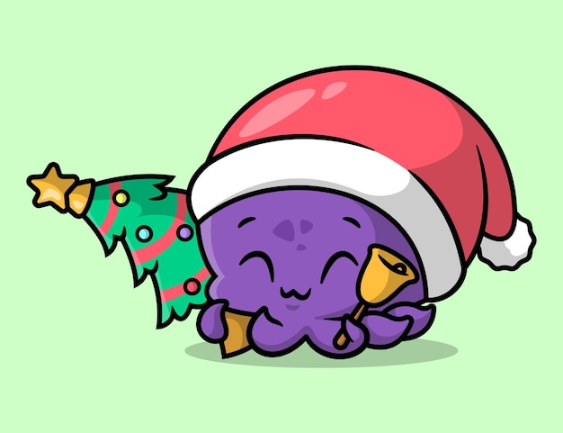 A CUTE PURPLE OCTOPUS IS HOLDING A CHRISTMAS TREE AND A BELL