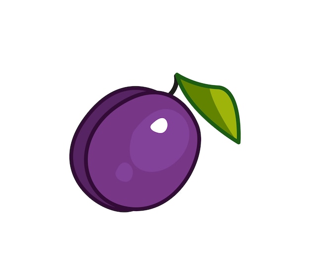 Cute purple plum with green leaf Vector illustration of a fruit in a cartoon childish style