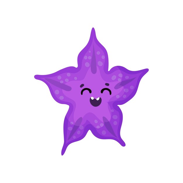 Cute purple smiling cartoon starfish character invertebrate sea animal cartoon vector Illustration on a white background