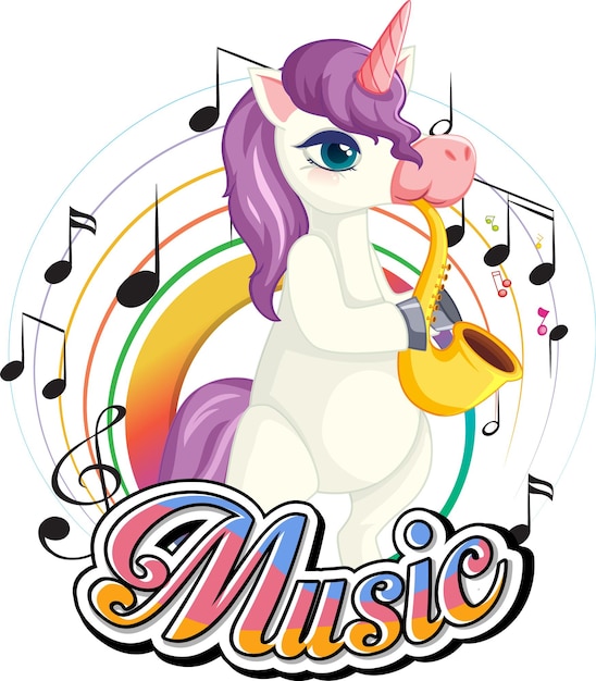 Cute purple unicorn blowing saxophone with music notes on white