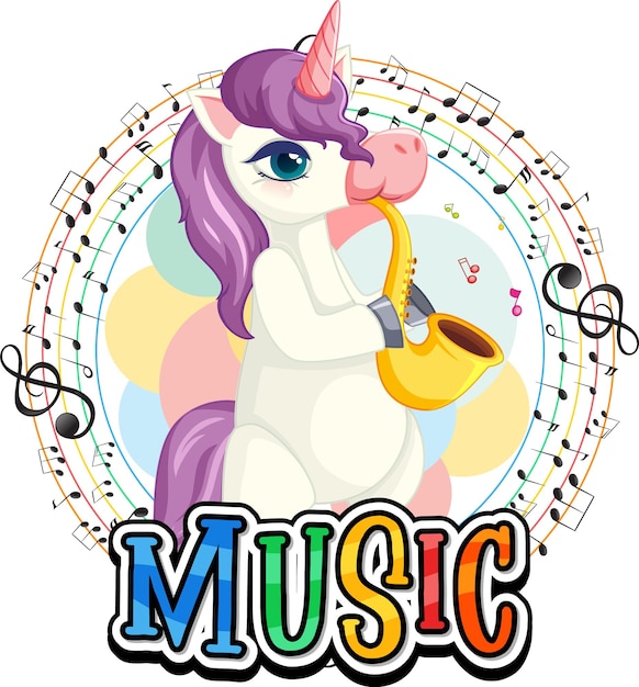 Cute purple unicorn blowing saxophone with music notes on white