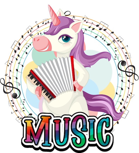 Cute purple unicorn playing accordion with music notes on white