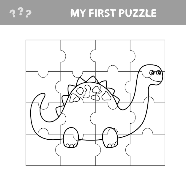 Cute puzzle game. Vector illustration of puzzle game with happy cartoon dino