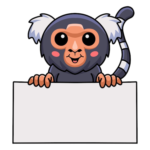 Cute pygmy marmoset monkey cartoon with blank sign