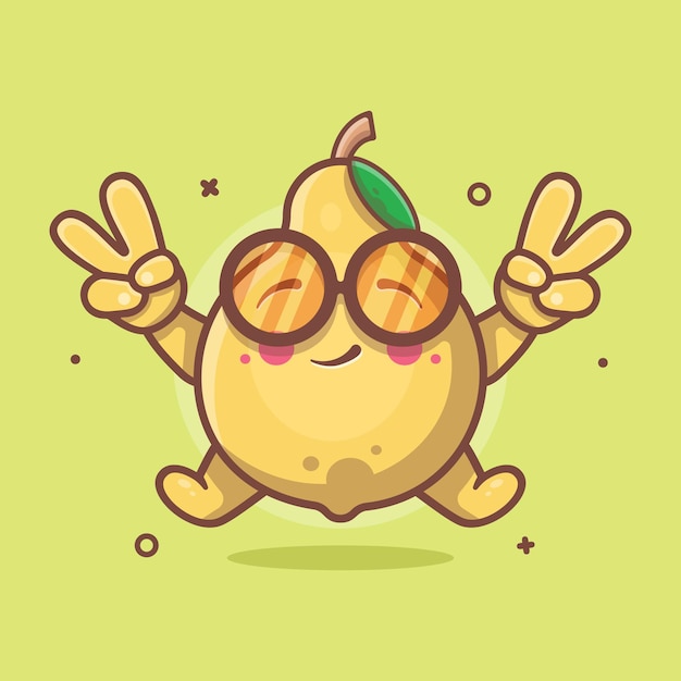 cute quince fruit character mascot with peace sign hand gesture isolated cartoon