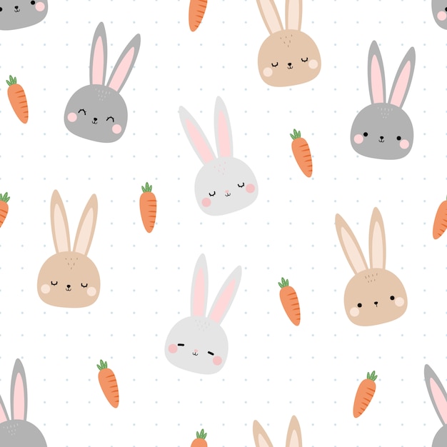 Cute rabbit bunny head cartoon doodle seamless pattern