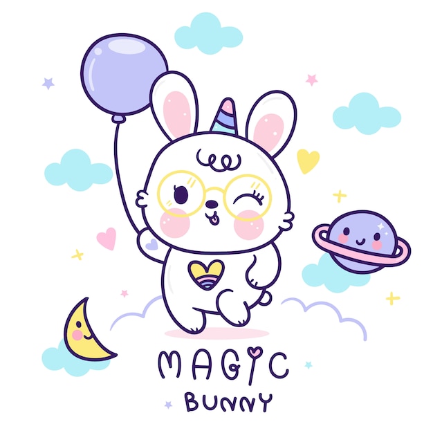 Cute rabbit bunny hold balloon in the sky